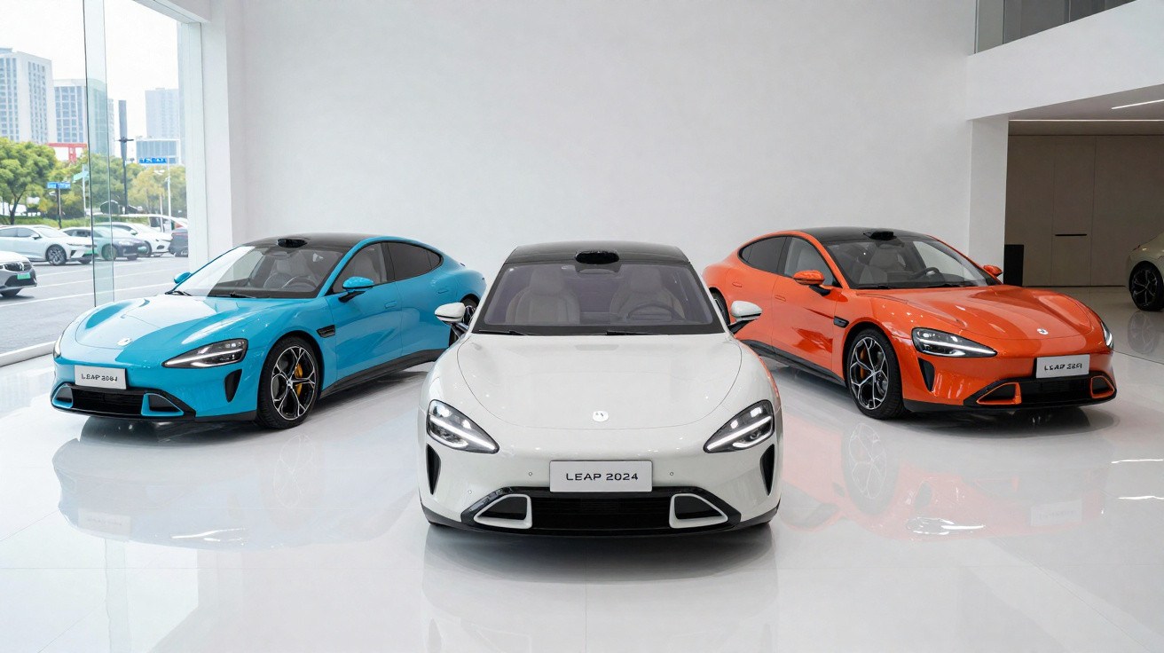 Três carros elétricos LEAP 2024 expostos em showroom, nas cores azul, branco e laranja.