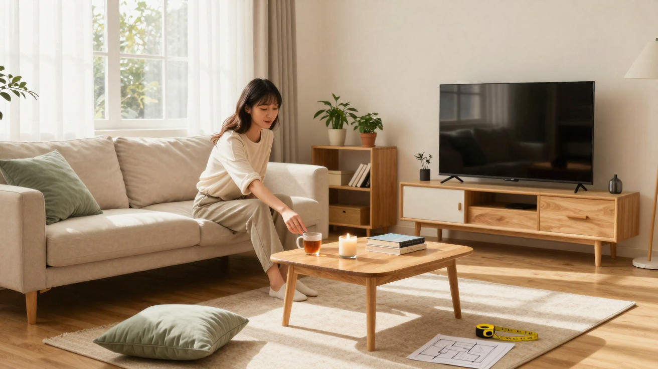 Mulher sentada em sofá numa sala moderna a segurar chá junto a mesa com vela, livros e planta.