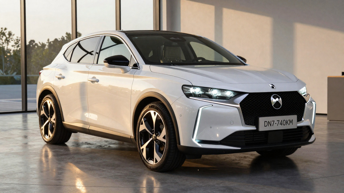 Automóvel elétrico branco DS 4 estacionado em showroom com jantes modernas e faróis ligados.