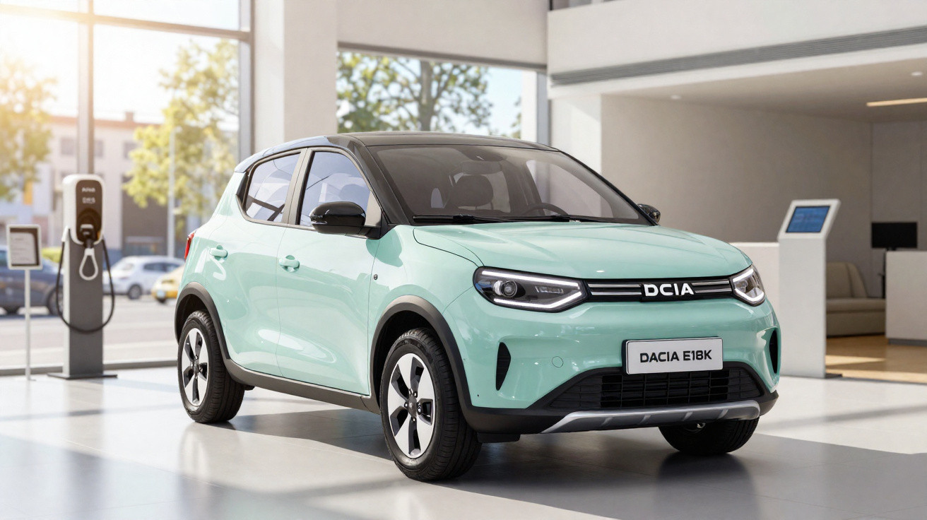 Carro elétrico Dacia E1BK verde água estacionado em showroom com carregador ao fundo.
