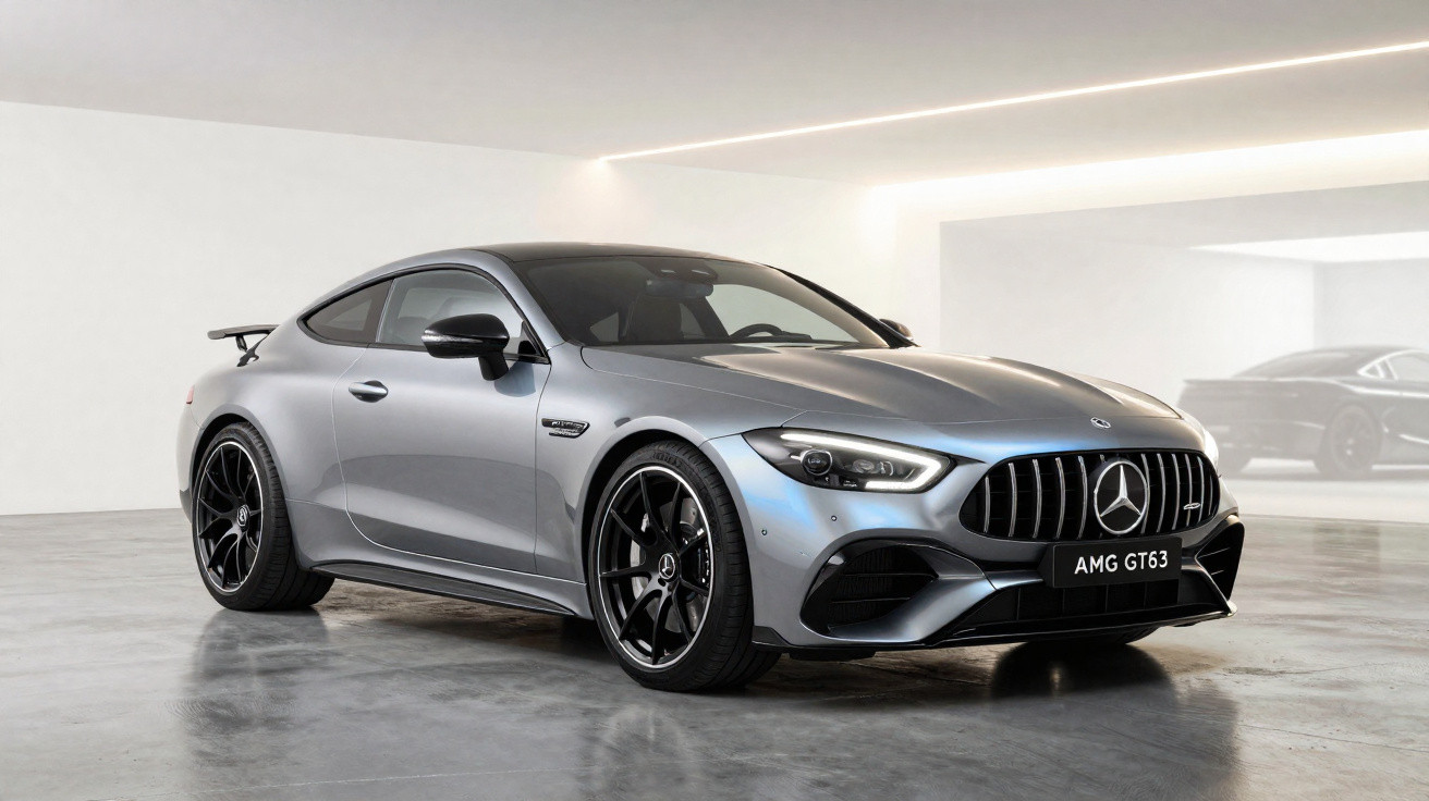 Mercedes AMG GT63 cinzento estacionado em garagem moderna com iluminação suave.