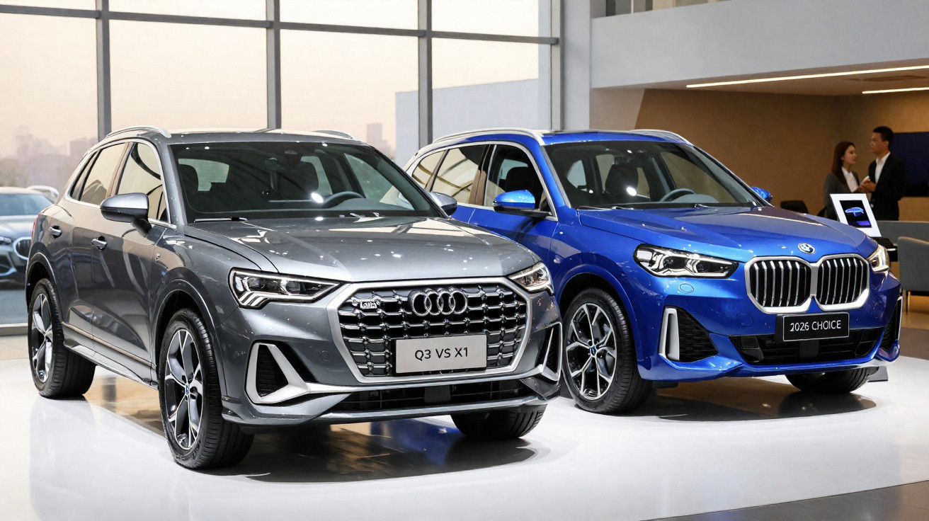 Dois SUV modernos estacionados lado a lado numa exposição, um Audi cinzento e um BMW azul.