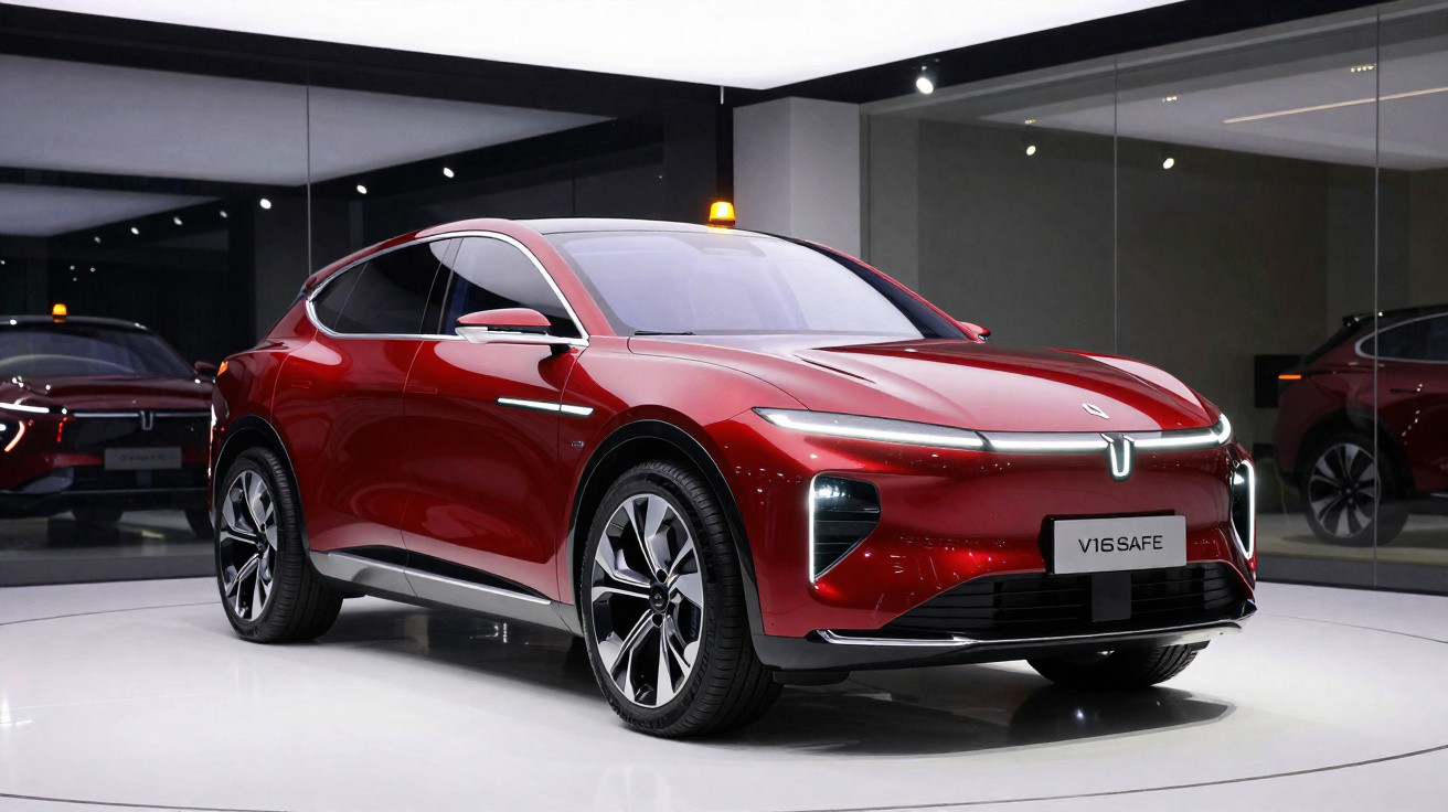 Carro elétrico desportivo vermelho V16 SAFE estacionado em sala de exposição com chão branco e reflexos no vidro.