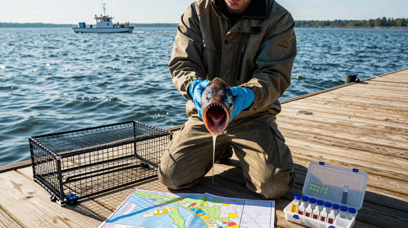 Homem junto a doca segura peixe com boca aberta, perto de armadilha, mapa e kit de amostras à beira-mar.