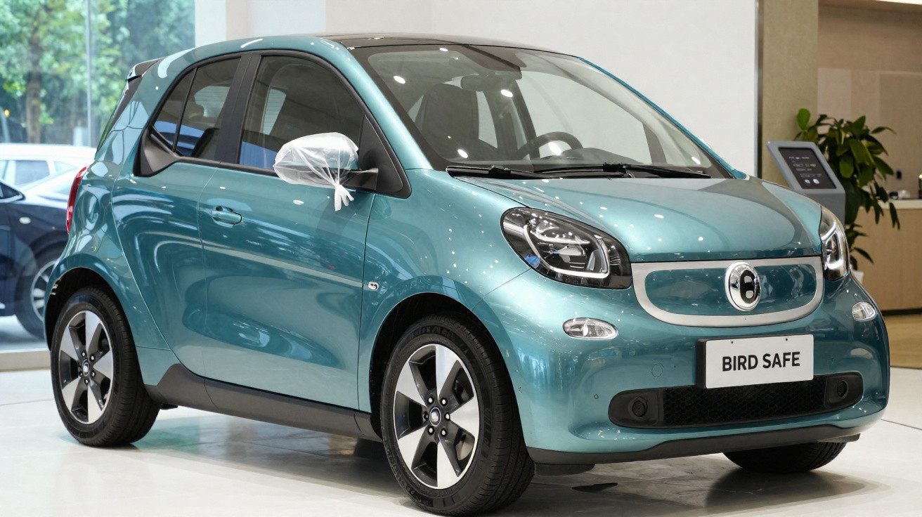 Automóvel elétrico compacto azul metallizado com matrícula Bird Safe exposto em interior de showroom.