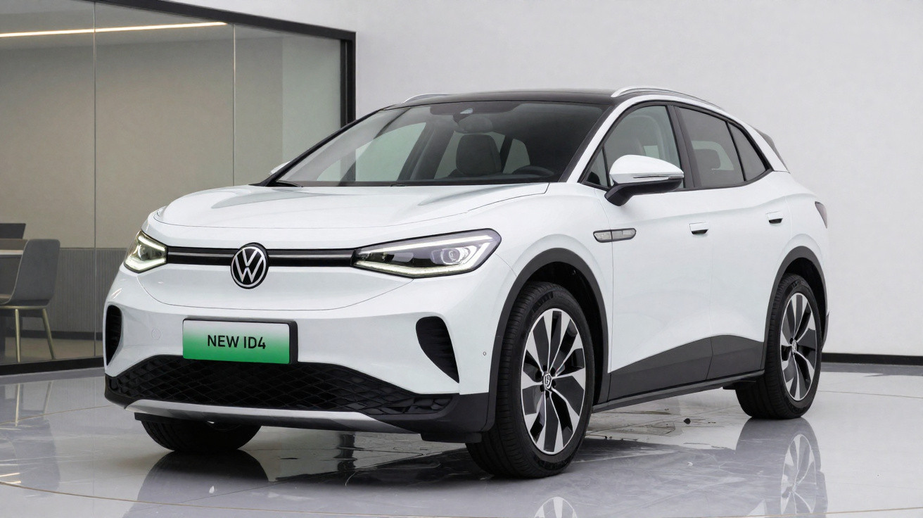 Veículo elétrico Volkswagen ID.4 branco estacionado em ambiente moderno e minimalista.