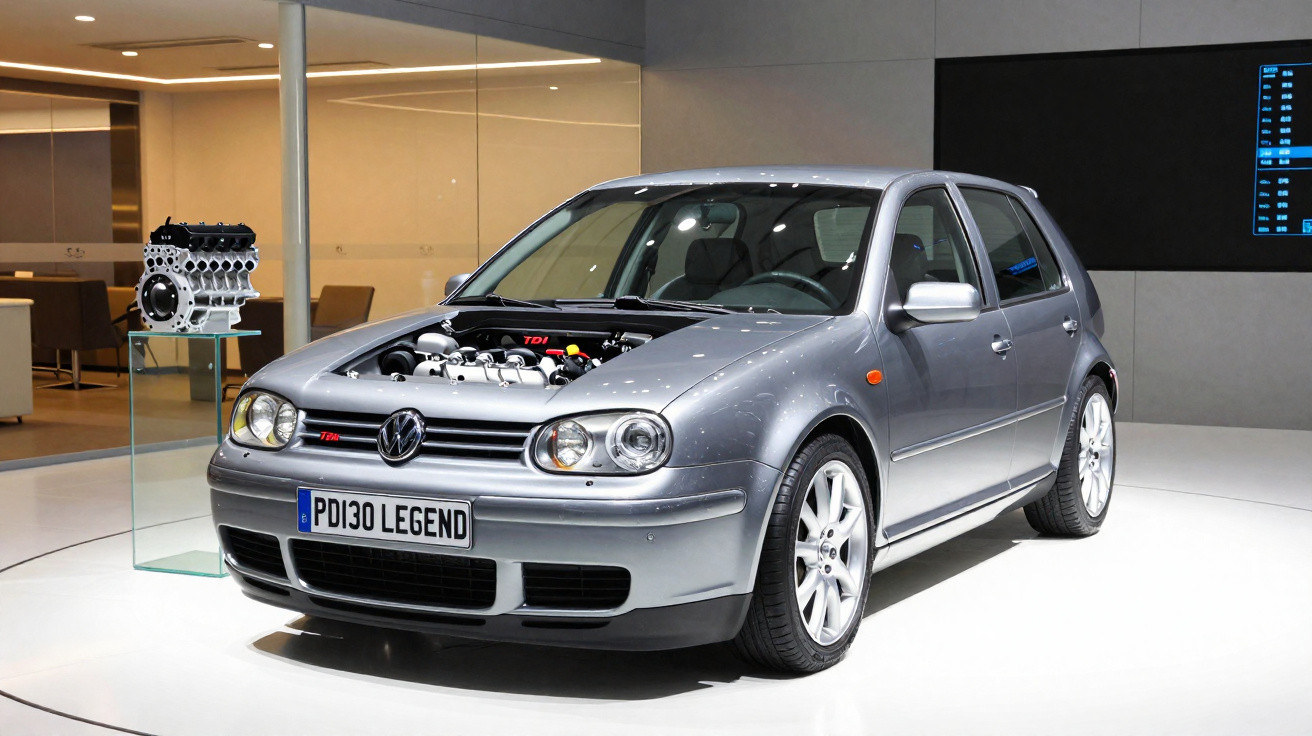 Carro Volkswagen Golf cinzento com motor visível no capot exposto num salão automóvel moderno.