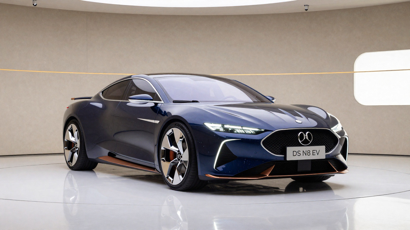 Carro desportivo elétrico azul DS N8 EV em exposição num espaço minimalista e iluminado.
