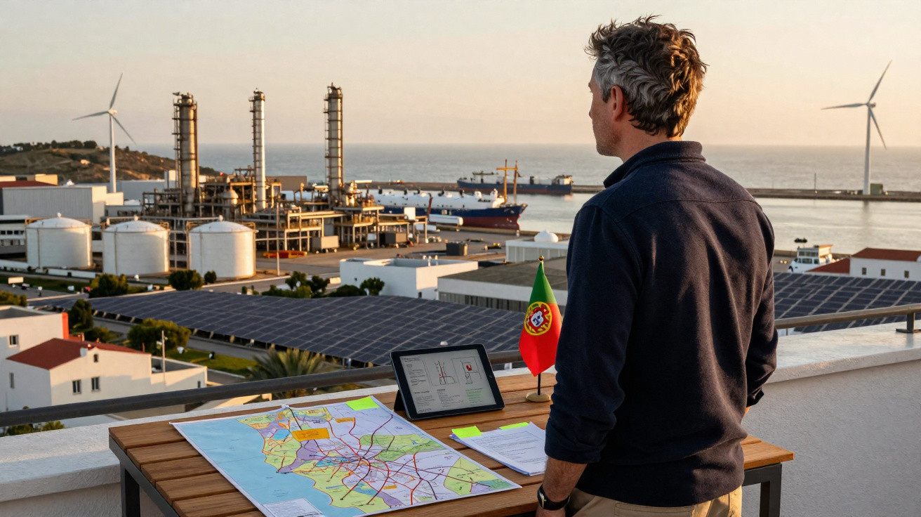 Homem observa instalação industrial com turbinas eólicas, painéis solares e navios no porto ao pôr do sol.