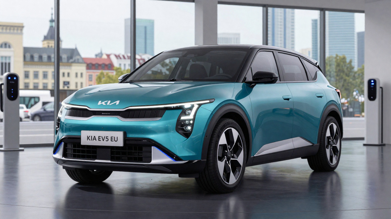 Carro elétrico Kia EV5 azul estacionado em showroom moderno com pontos de carregamento elétrico.
