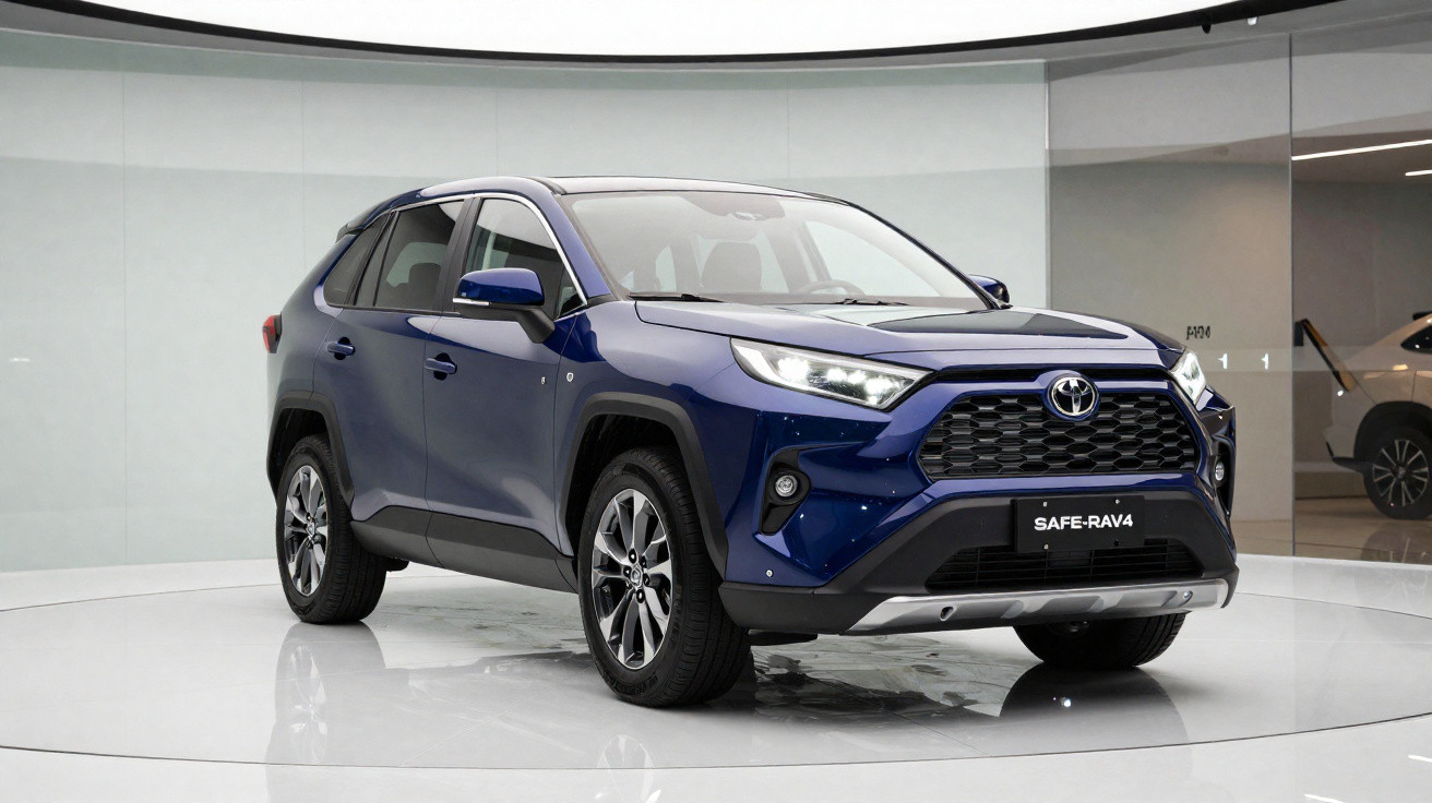 Carro SUV Toyota RAV4 azul estacionado em sala de exposição moderna e iluminada.