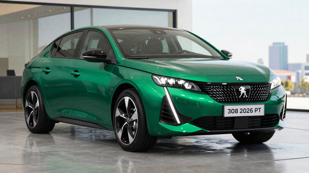 Peugeot 308 verde 2026 estacionado num showroom com luz natural e fundo urbano desfocado.