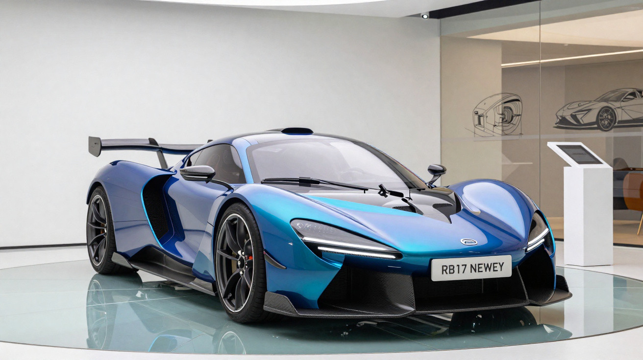 Carro desportivo azul metálico estacionado numa sala de exposições moderna e minimalista.