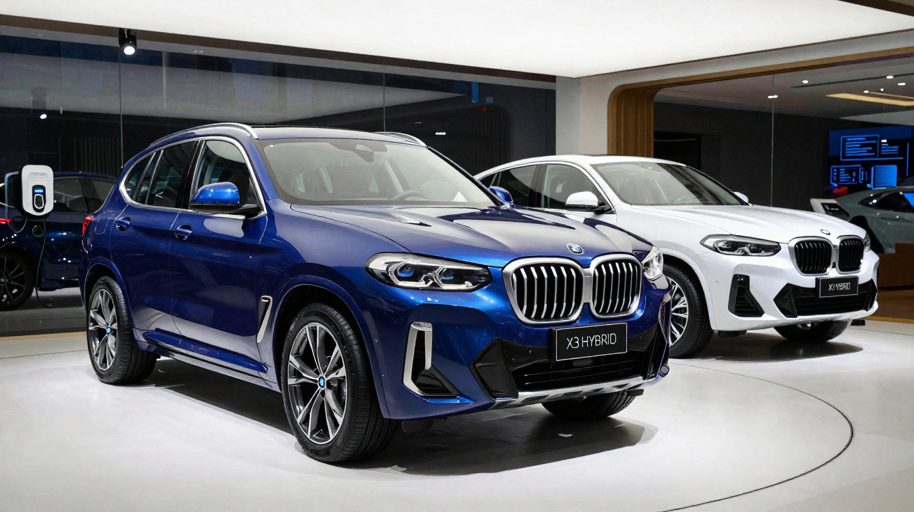 Dois carros BMW X3 Hybrid, um azul e um branco, exibidos em showroom moderno com iluminação clara.