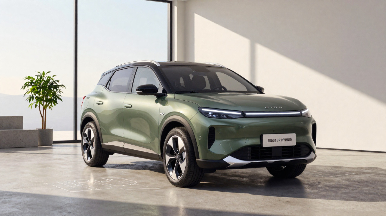 Carro SUV híbrido verde estacionado em interior minimalista com grandes janelas e planta decorativa.