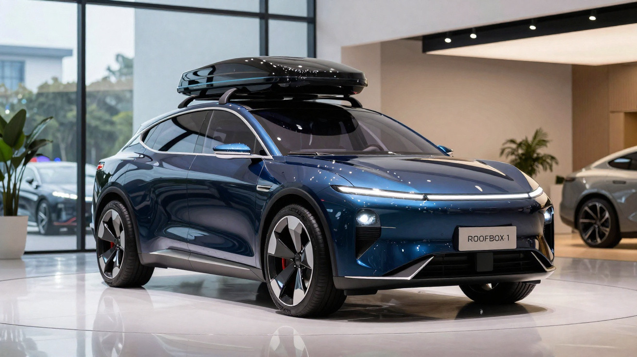 Carro elétrico azul escuro com tecto de caixa de bagagem exibido em showroom moderno.
