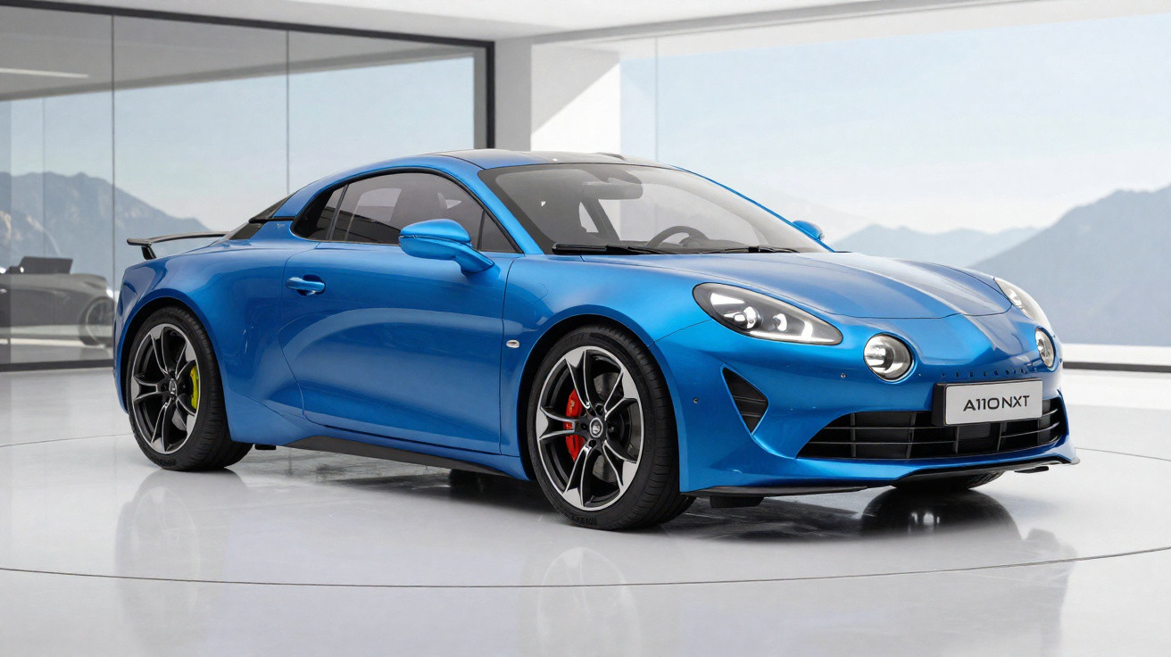 Carro desportivo azul metálico Alpine A110 NXT estacionado em ambiente moderno e luminoso com janelas amplas.