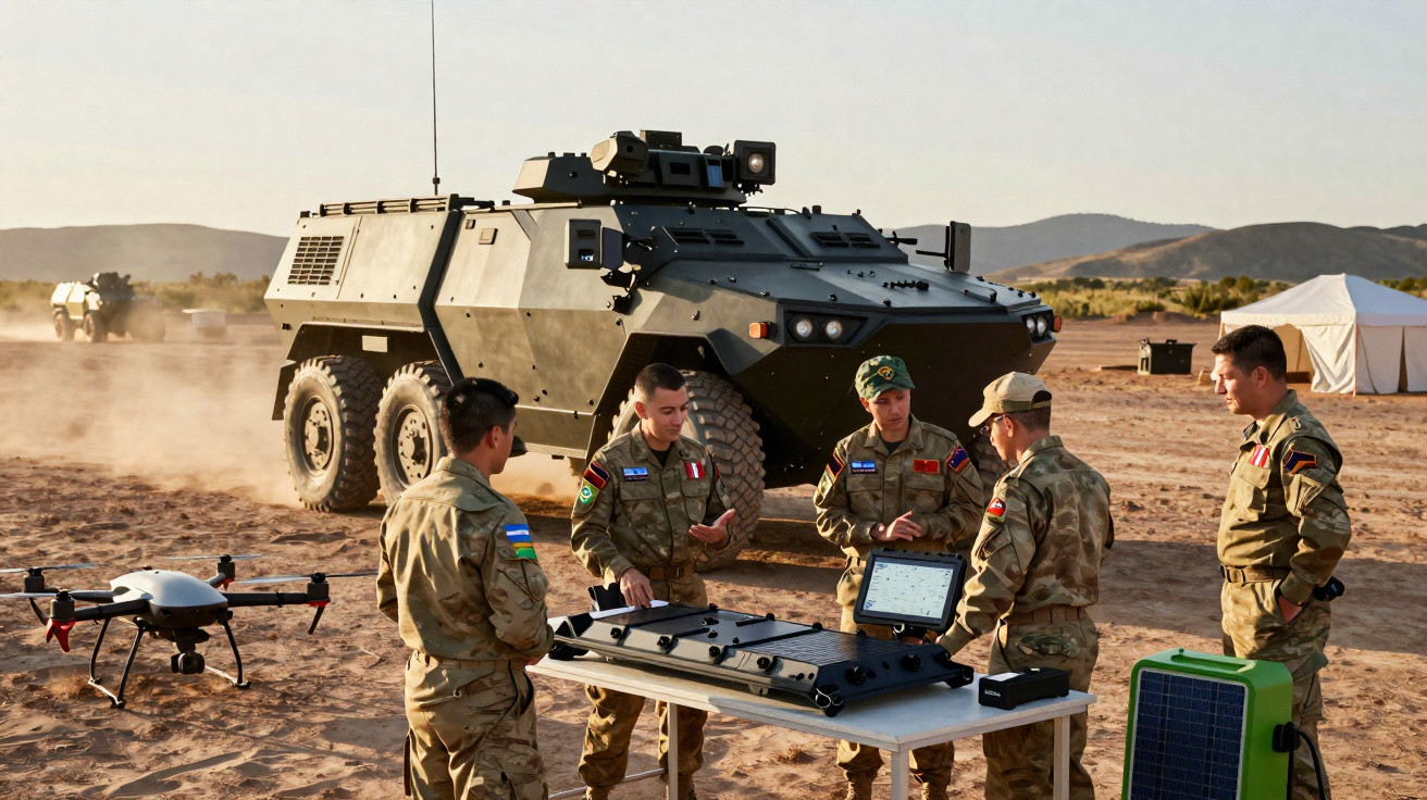 Soldados em uniforme militar a operar drone e equipamento tecnológico ao ar livre, com veículo blindado ao fundo.