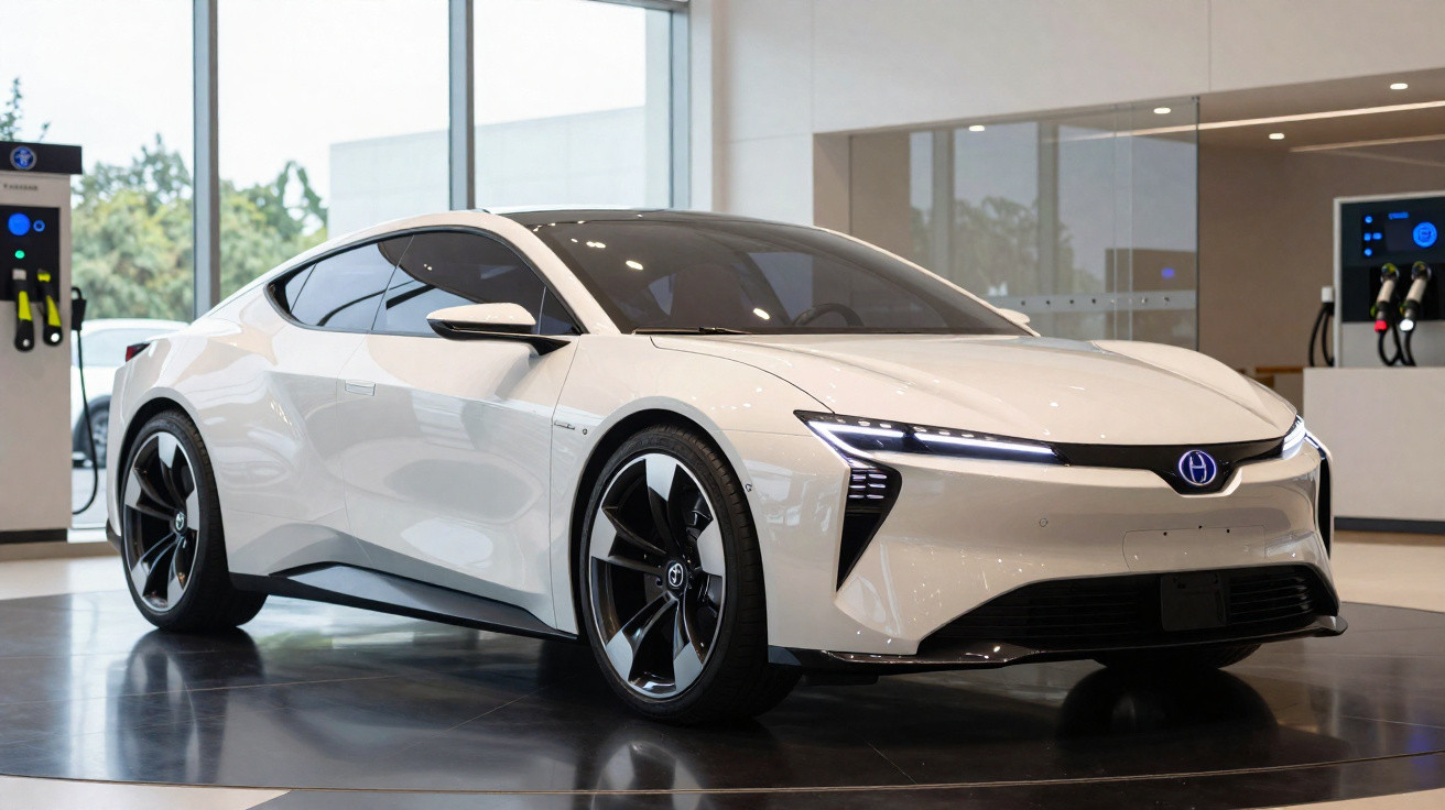 Carro elétrico branco moderno exposto em showroom com janelas amplas e pontos de carregamento ao fundo.
