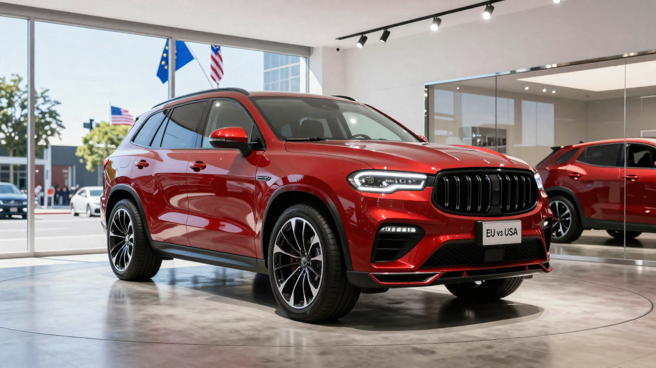 SUV vermelho brilhante em exposição dentro de showroom com janelas e bandeiras ao fundo.