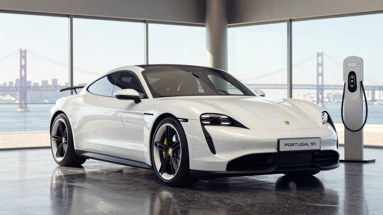 Carro desportivo branco Porsche Taycan estacionado junto a posto de carregamento, com ponte ao fundo.