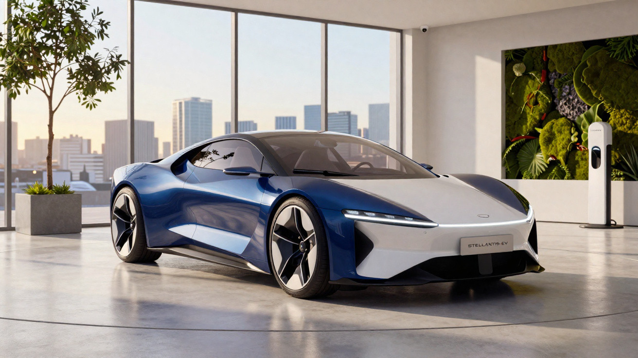 Carro desportivo elétrico azul e branco num showroom moderno com grandes janelas e estação de carregamento.