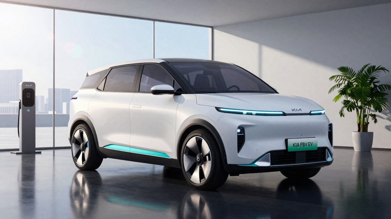 Carro elétrico Kia EV branco estacionado em garagem moderna com carregador e planta decorativa.