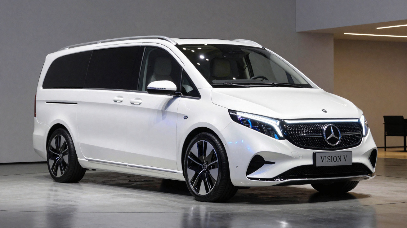 Carrinha Mercedes-Benz Vision V branca, design moderno, faróis LED e jantes aerodinâmicas pretas e prateadas.