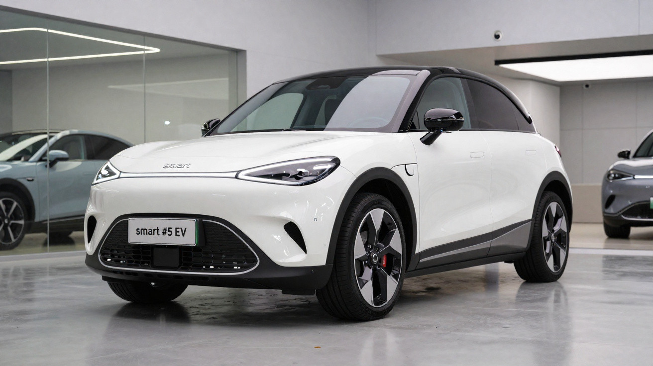 Carro elétrico Smart #5 EV branco estacionado em showroom moderno com chão cinza e paredes claras.