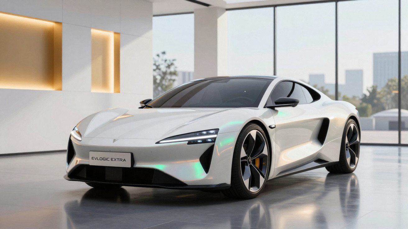 Carro desportivo eléctrico branco estacionado num salão moderno com grandes janelas e iluminação suave.