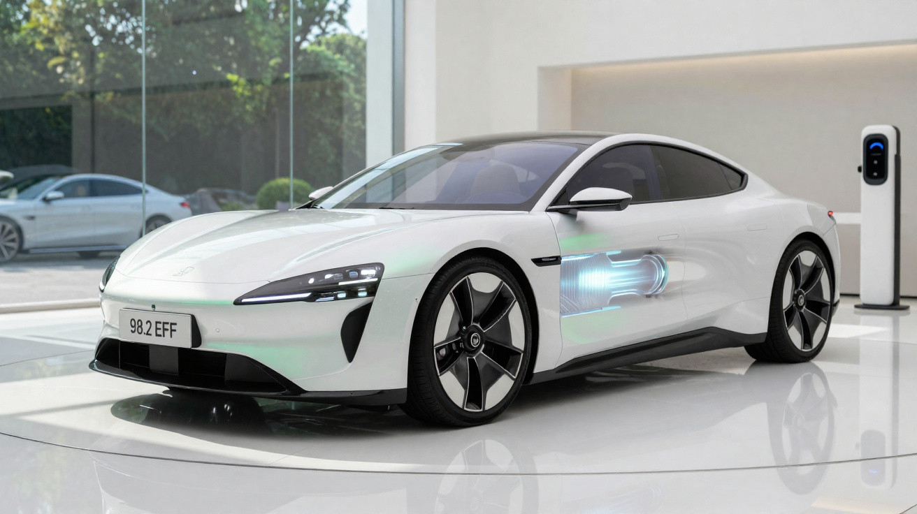 Carro elétrico branco desportivo, moderno, em exposição com posto de carregamento ao fundo.
