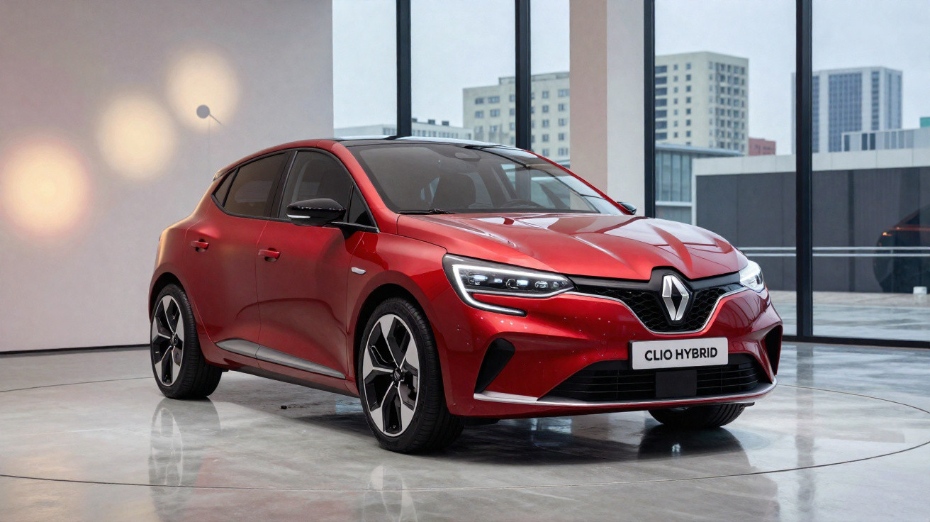 Carro Renault Clio Hybrid vermelho, em exposição num espaço moderno com janelas amplas e edifícios ao fundo.