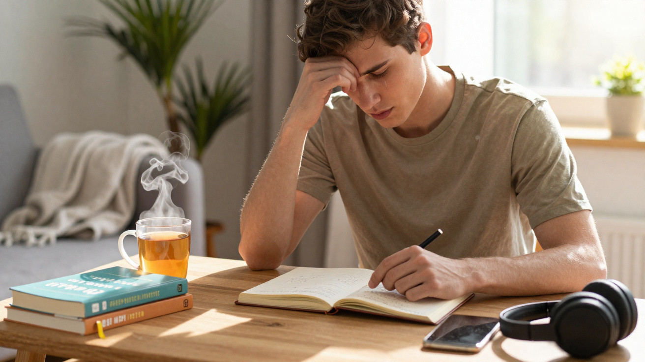 Jovem sentado à mesa a escrever num caderno, com chá quente, livros e auscultadores à sua volta.