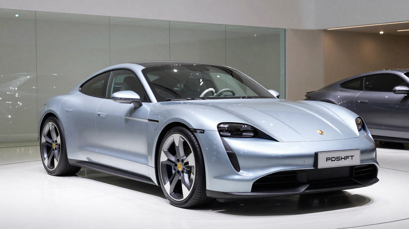 Carro desportivo elétrico Porsche Taycan prata exibido numa sala de exposição moderna e luminosa.