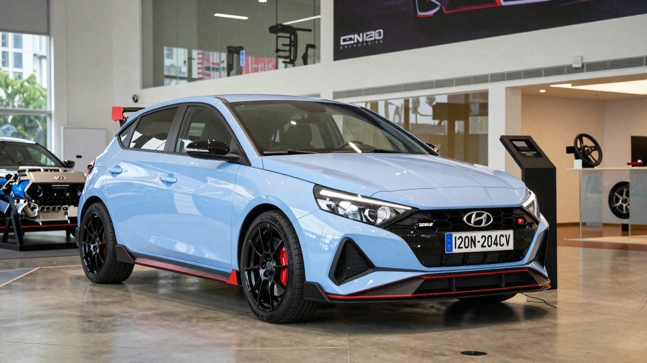 Automóvel Hyundai i20 N azul claro exposto em showroom moderno com detalhes em vermelho e jantes negras.