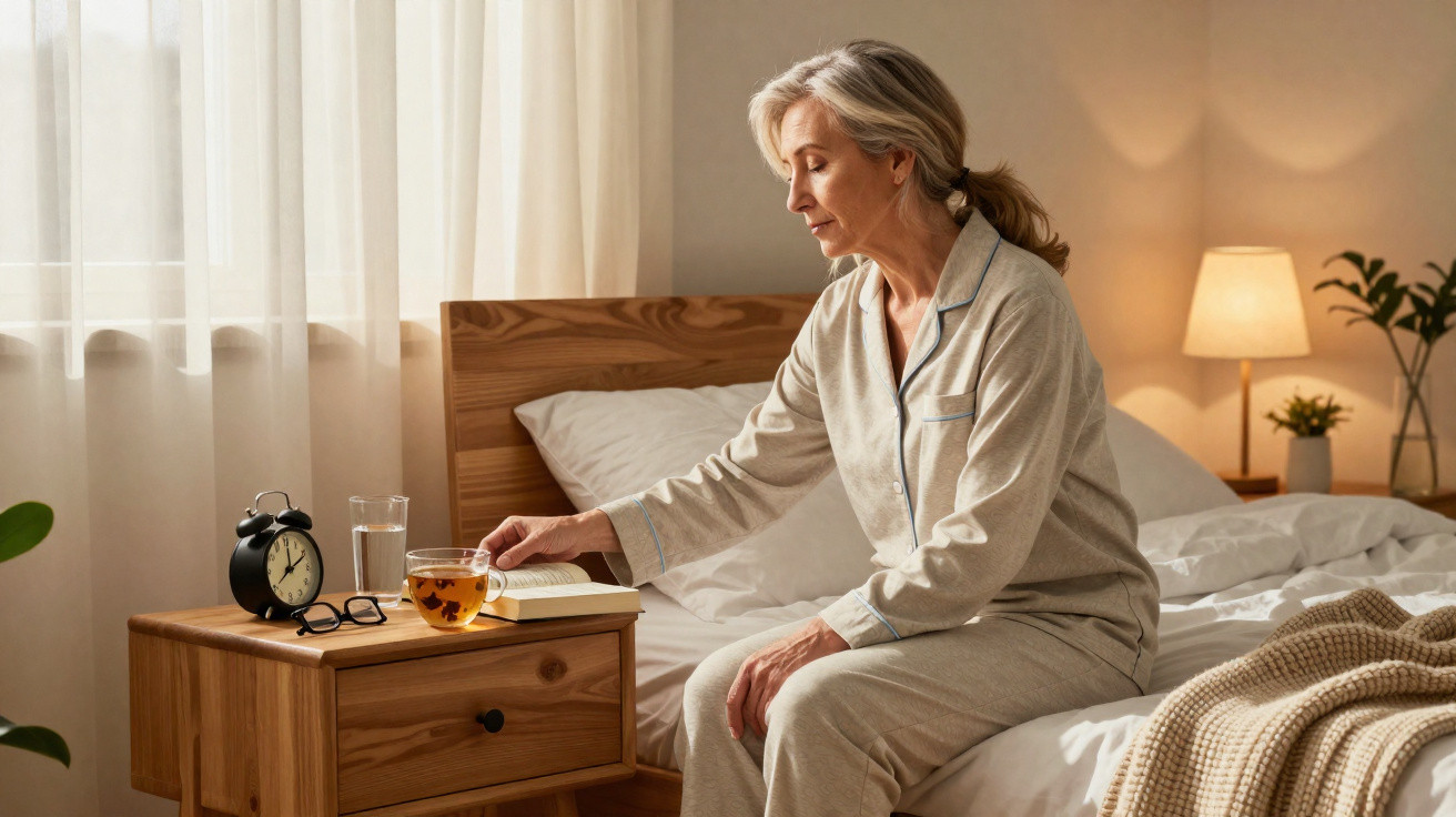 Mulher madura de pijama sentada na cama a pegar chá numa mesa de cabeceira em quarto acolhedor.