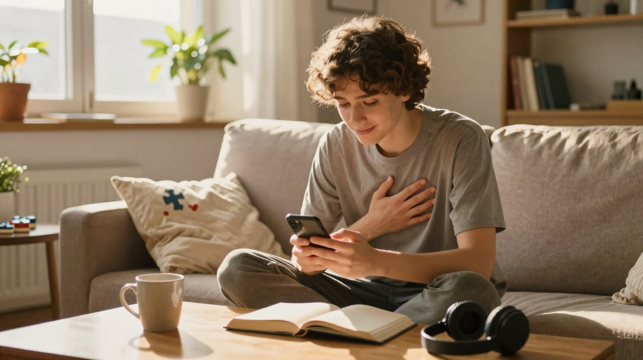 Jovem sentado no sofá a usar telemóvel com expressão emocionada e caderno aberto à sua frente.