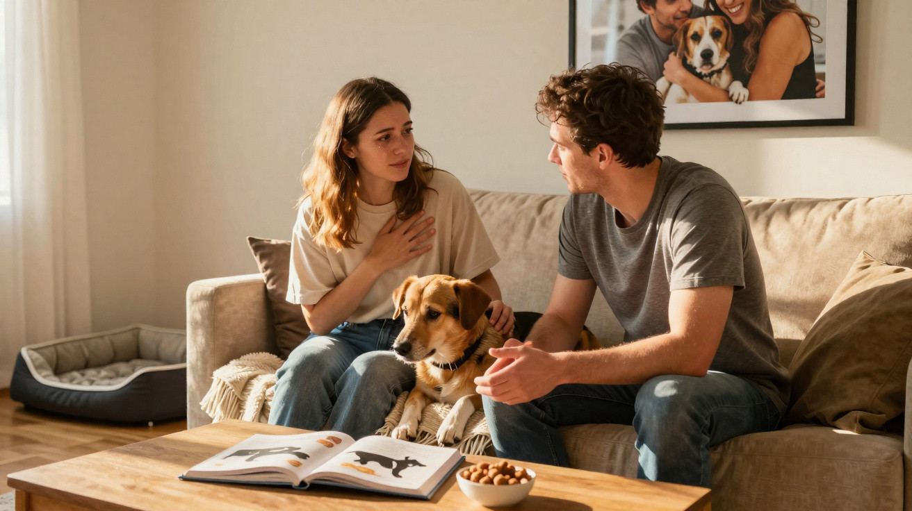 Jovem casal sentado no sofá com um cão, a olhar-se e a tocar um livro sobre cães na mesa.