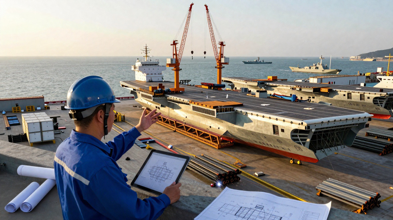 Engenheiro com capacete azul analisa projeto de construção naval numa doca com grandes navios e guindastes ao fundo.