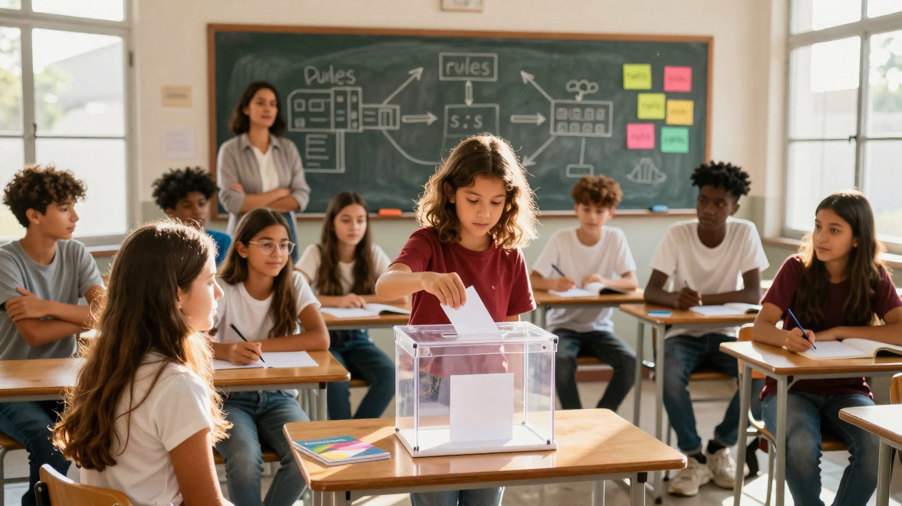 Aluno a votar numa urna transparente numa sala de aula cheia de colegas atentos e professora ao fundo.