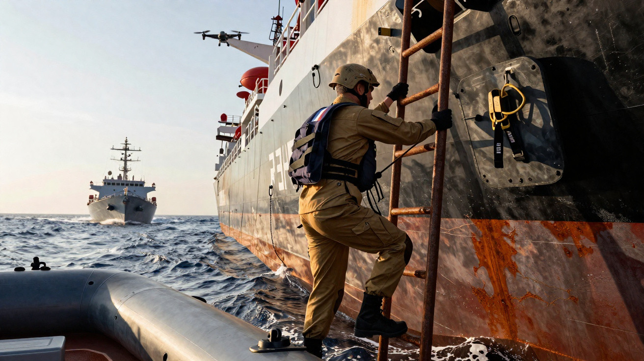 Militar com capacete e colete a subir escada para embarcar em navio militar grande no mar durante o dia.
