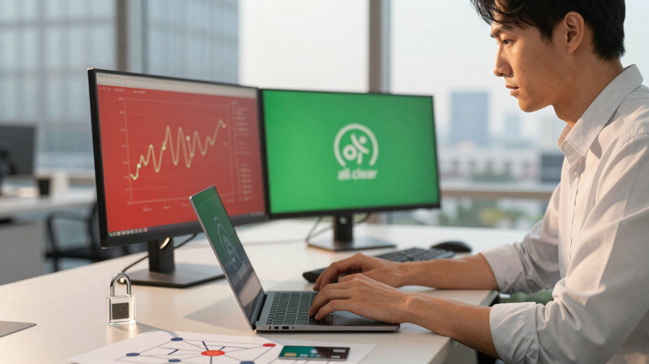 Homem a trabalhar num portátil com gráficos e ecrãs relacionados com segurança digital no escritório.