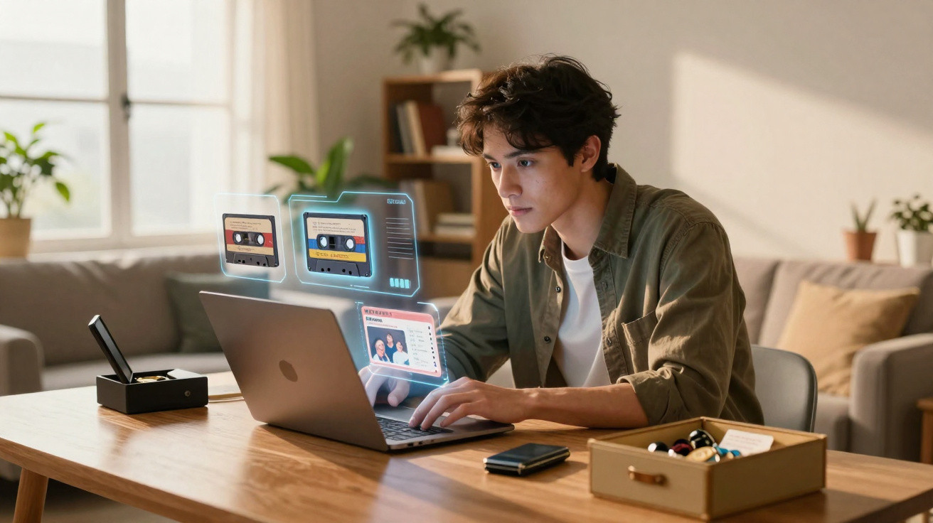 Jovem a trabalhar num portátil numa sala com hologramas digitais e objetos organizados na secretária.