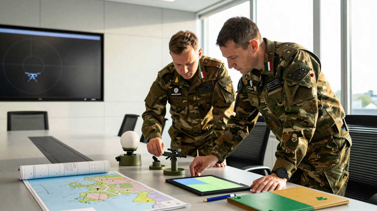 Dois militares em uniforme camuflado analisam mapas e dispositivos eletrónicos numa sala de reuniões moderna.