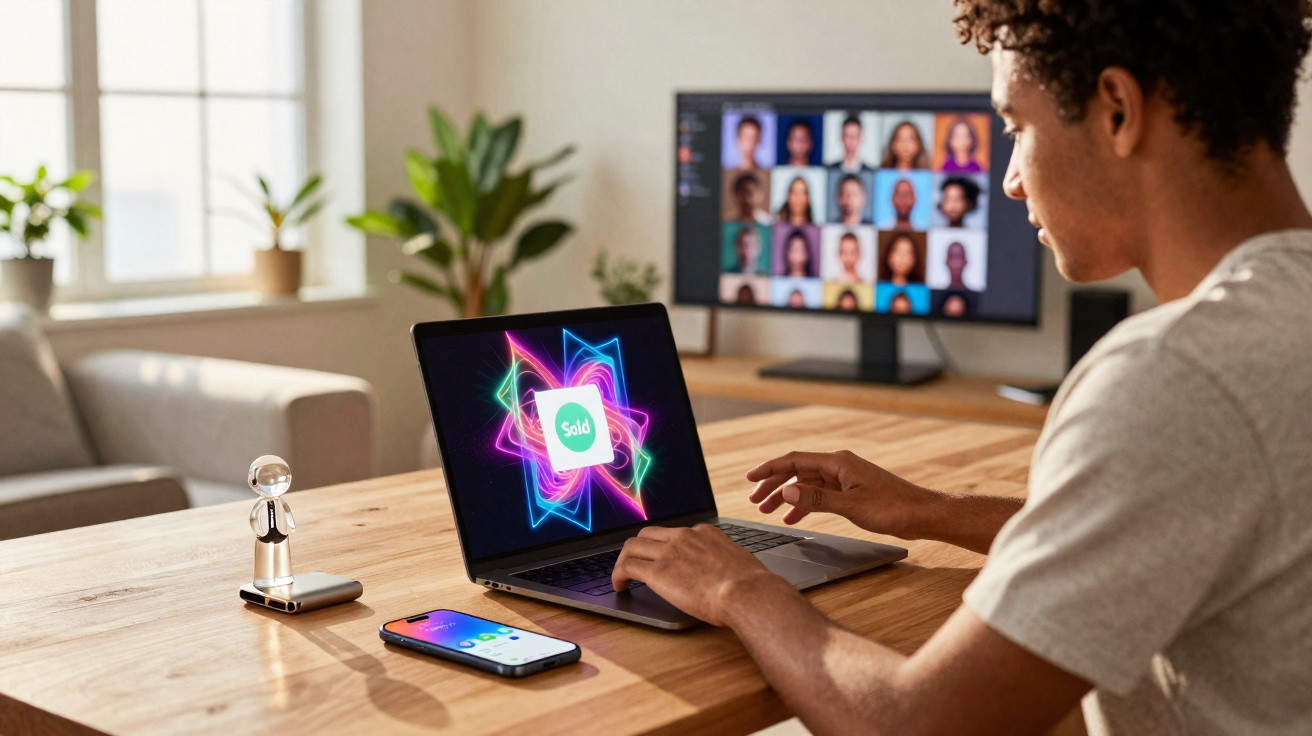Pessoa a usar computador portátil com ecrã "Sold" numa mesa com smartphone e vídeo chamada em monitor ao fundo.