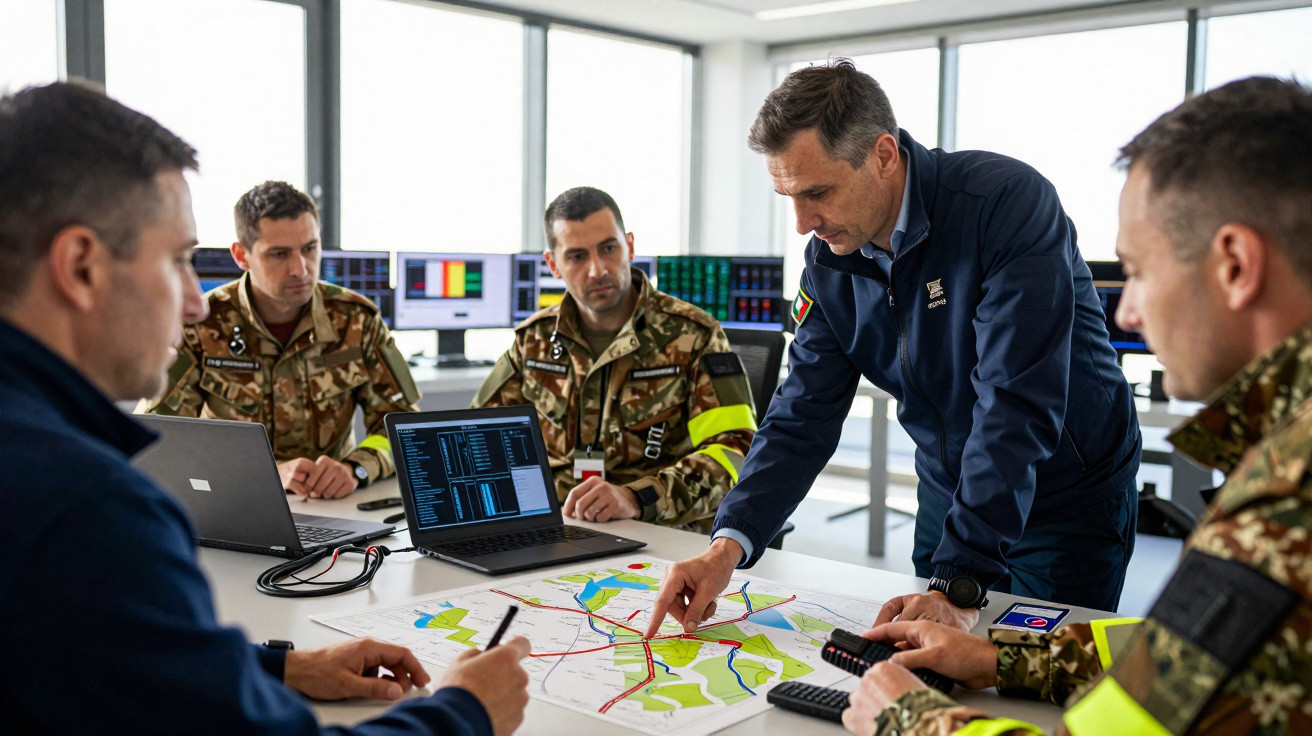 Grupo de militares e oficiais em reunião, analisando mapa e dados no computador numa sala moderna.