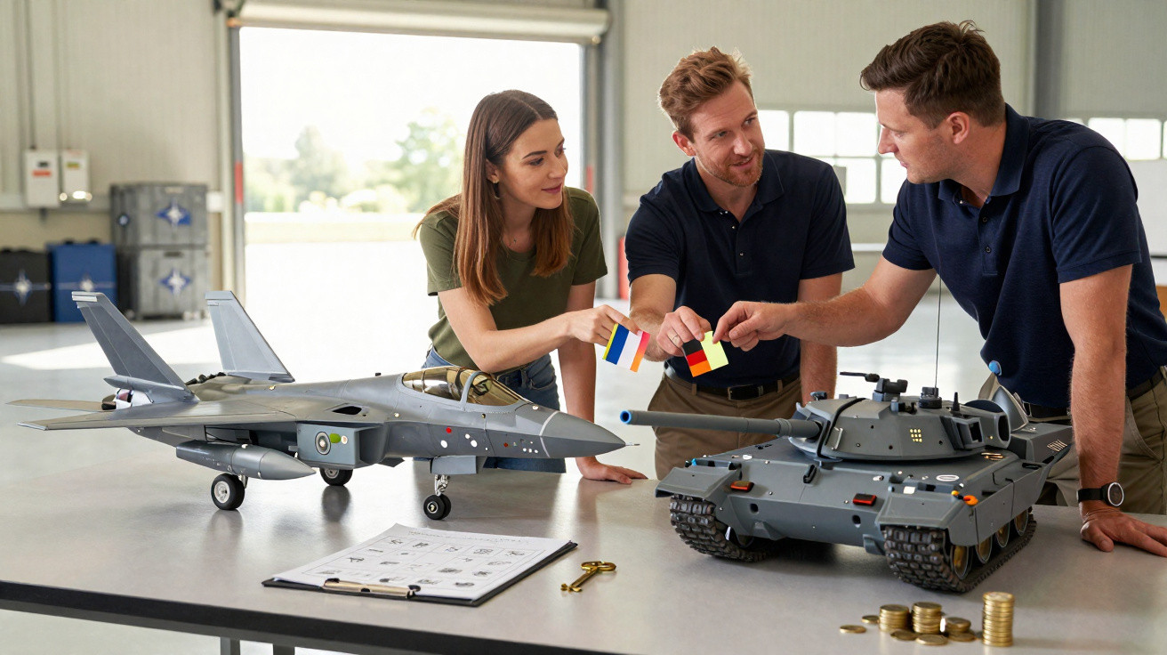 Três adultos analisam modelos de avião e tanque de guerra num ambiente de trabalho.