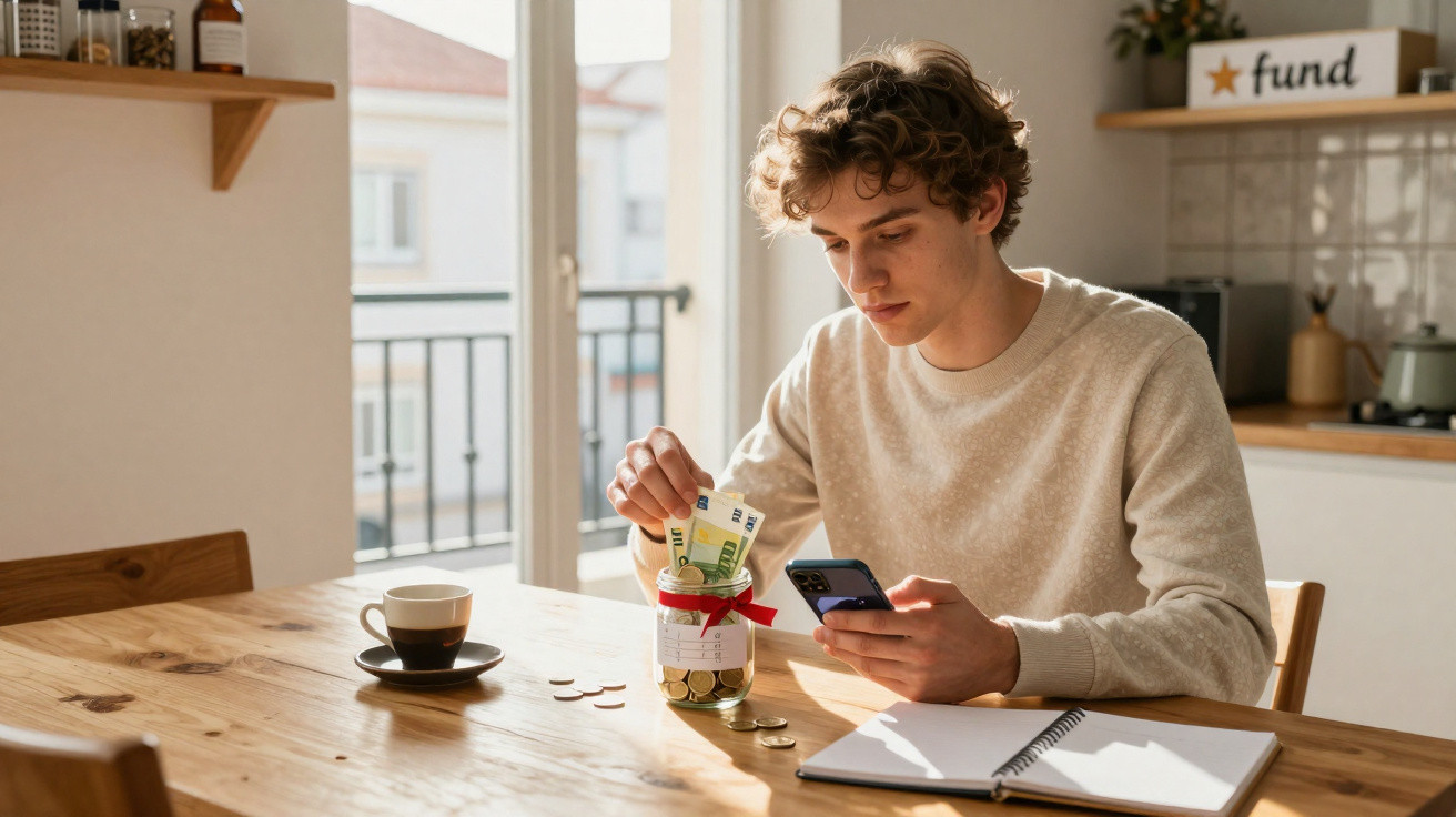Jovem a guardar notas e moedas num mealheiro enquanto usa telemóvel numa cozinha luminosa.