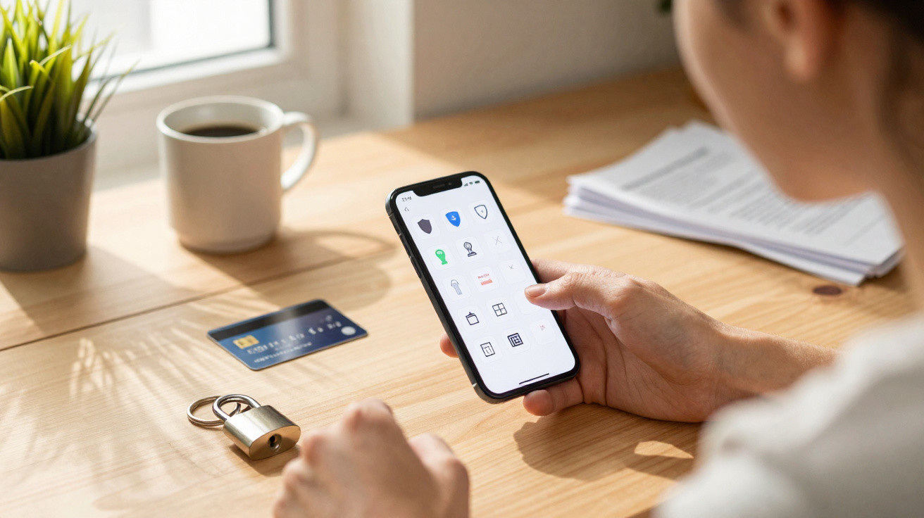 Pessoa a usar telemóvel para gerir segurança digital, com cartão de crédito e cadeado na mesa de madeira.