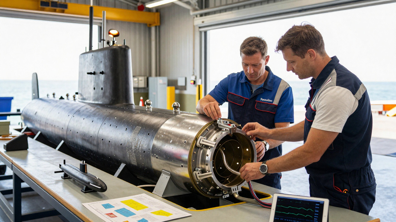 Dois técnicos ajustam equipamento em mini submarino metálico numa oficina junto ao mar.